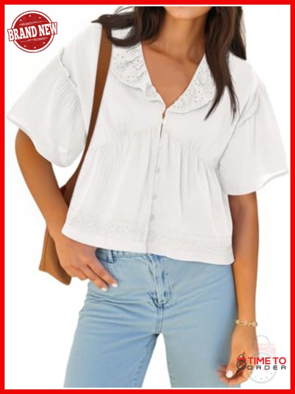 Cropped Babydoll Top with Eyelet Lace and V Neck